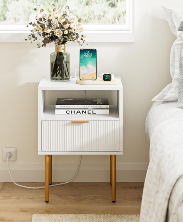 Nightstand with Charging Station,Small Bedside Table with Gold Frame,White Night Stand,Bedside Furniture,Side Table with Drawer and Shelf for Bedroom,Living Room,Stripe