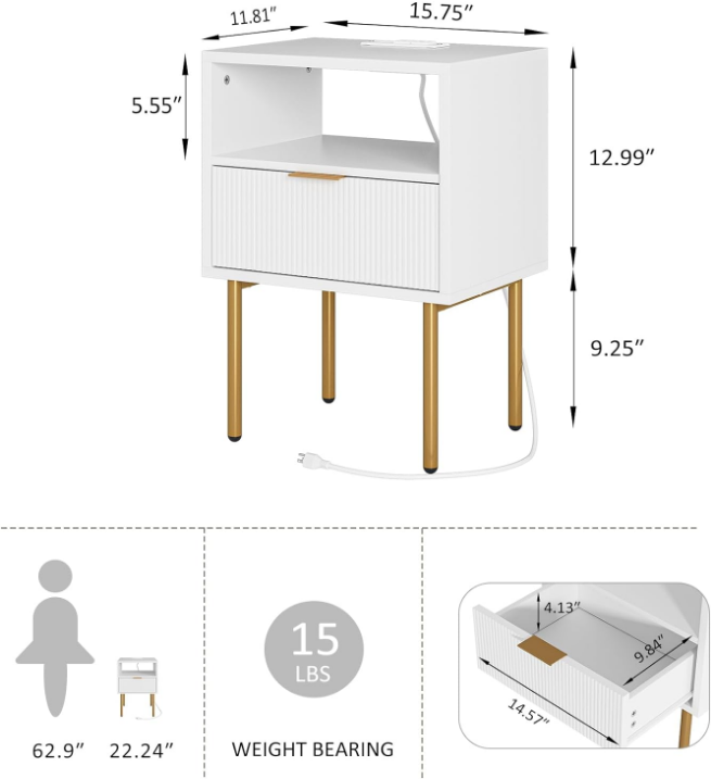 Nightstand with Charging Station,Small Bedside Table with Gold Frame,White Night Stand,Bedside Furniture,Side Table with Drawer and Shelf for Bedroom,Living Room,Stripe