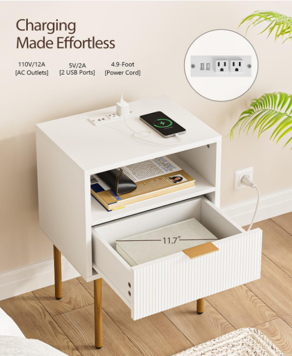 Nightstand with Charging Station,Small Bedside Table with Gold Frame,White Night Stand,Bedside Furniture,Side Table with Drawer and Shelf for Bedroom,Living Room,Stripe