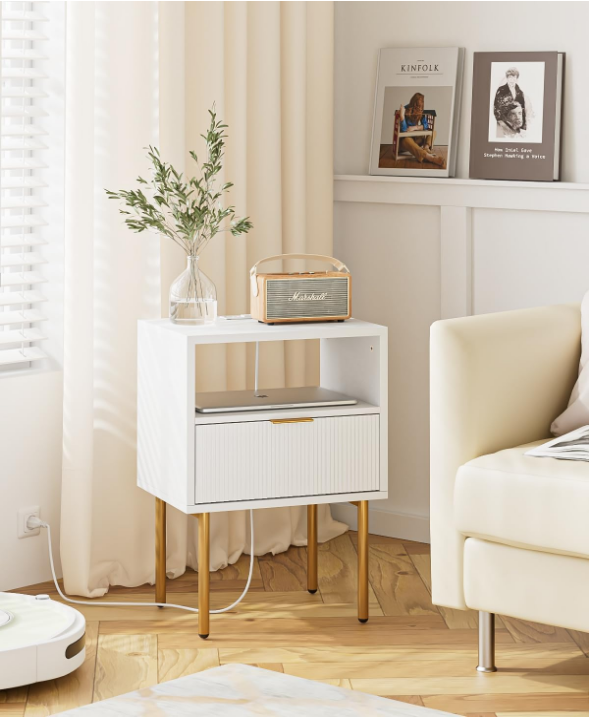 Nightstand with Charging Station,Small Bedside Table with Gold Frame,White Night Stand,Bedside Furniture,Side Table with Drawer and Shelf for Bedroom,Living Room,Stripe