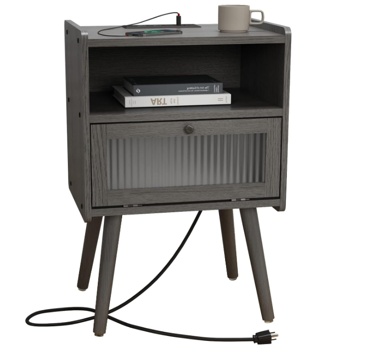 Mid Century Modern Nightstand with Charging Station, Bedside Tables with Glass Door, End Table Side Table with 2 Tiers Storage Space, for Bedroom, Living Room, Grey