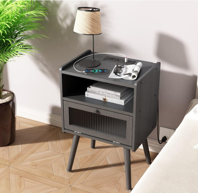 Mid Century Modern Nightstand with Charging Station, Bedside Tables with Glass Door, End Table Side Table with 2 Tiers Storage Space, for Bedroom, Living Room, Grey