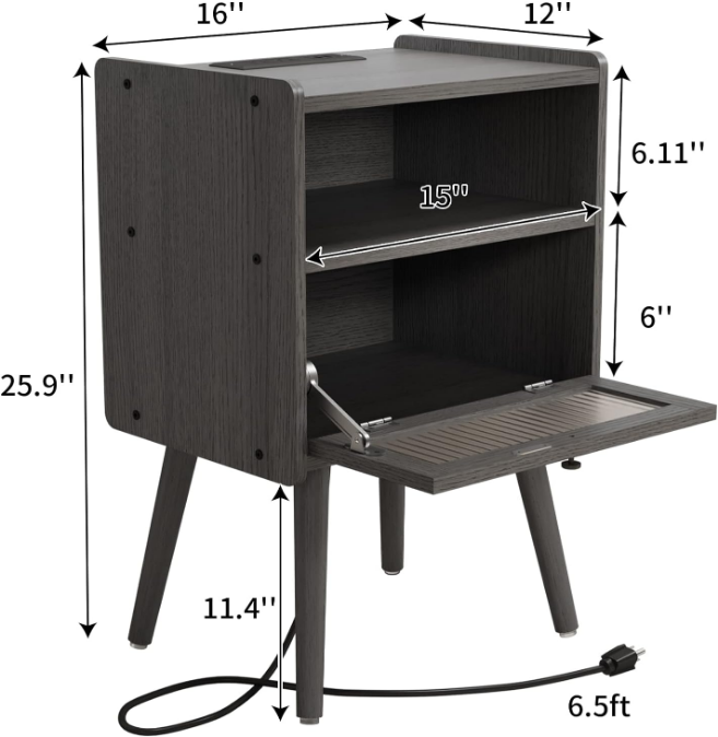 Mid Century Modern Nightstand with Charging Station, Bedside Tables with Glass Door, End Table Side Table with 2 Tiers Storage Space, for Bedroom, Living Room, Grey