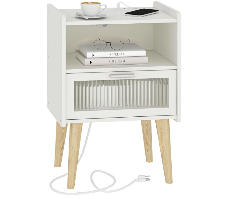 Nightstand with Charging Station, Bedside Tables, End Table Side Table with 2 Tiers Storage Space, for Bedroom, Living Room, White MLBZ07WE