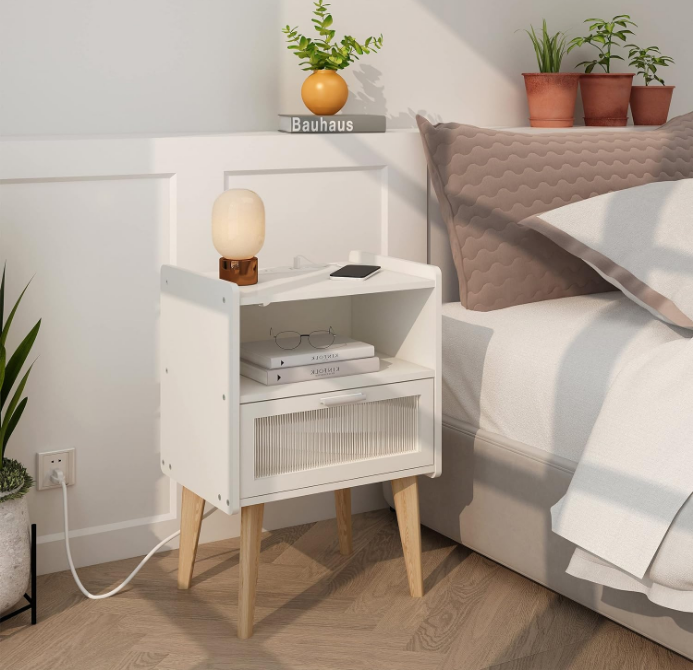 Nightstand with Charging Station, Bedside Tables, End Table Side Table with 2 Tiers Storage Space, for Bedroom, Living Room, White MLBZ07WE