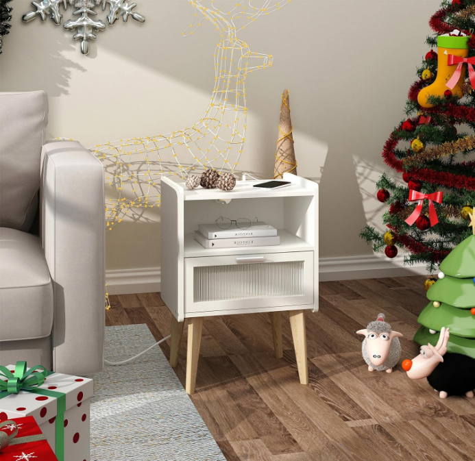 Nightstand with Charging Station, Bedside Tables, End Table Side Table with 2 Tiers Storage Space, for Bedroom, Living Room, White MLBZ07WE