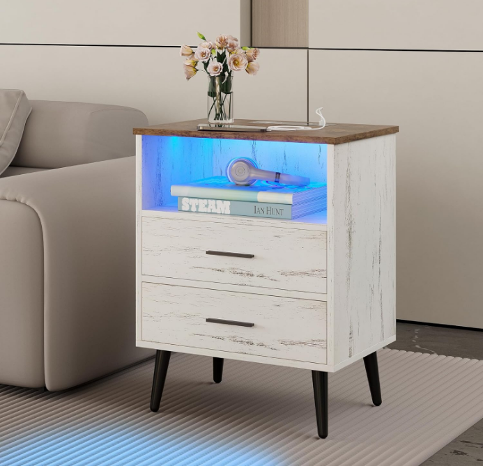 White Nightstand with Charging Station and LED Lights, Modern Bedside Table Smart Night Stand, End Side Table with 2 Drawers, Open Storage Shelf, USB Port for Bedroom Living Room