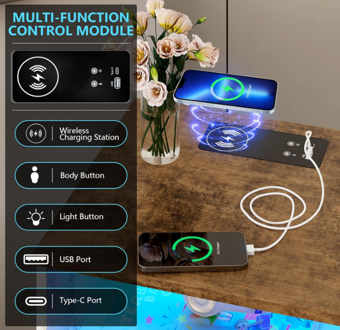 White Nightstand with Charging Station and LED Lights, Modern Bedside Table Smart Night Stand, End Side Table with 2 Drawers, Open Storage Shelf, USB Port for Bedroom Living Room