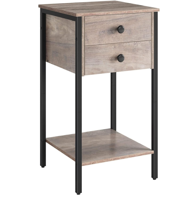 Tall Nightstand, Bedside Table with 2 Drawers and Storage Shelf, Industrial Telephone End Table for Study, Bedroom, Space Saving, Easy Assembly, Greige and Black
