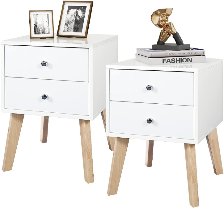 White Nightstand Set of 2 Bedroom Nightstand Modern Dresser and Nightstand Set 2 White Nightstand with Drawers Night Stand for Bed Room with Rubber Wood Leg
