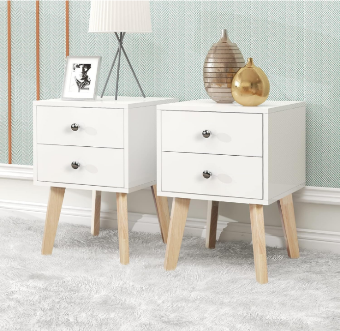 White Nightstand Set of 2 Bedroom Nightstand Modern Dresser and Nightstand Set 2 White Nightstand with Drawers Night Stand for Bed Room with Rubber Wood Leg