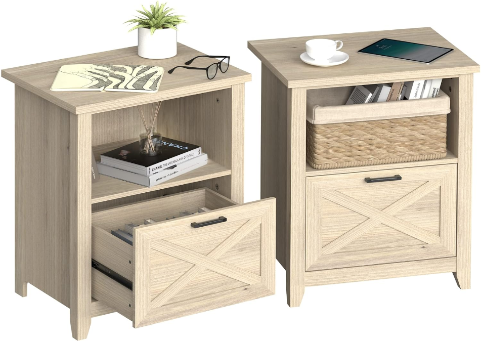 30" Tall Nightstand for King & Queen Bed with Storage Drawer & Open Cubby - Beige Bedside Table Night Stand for Bedroom, Wood End Table Living Room, Warm Oak, Set of 2