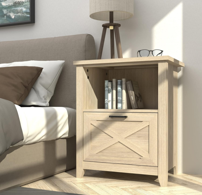 30" Tall Nightstand for King & Queen Bed with Storage Drawer & Open Cubby - Beige Bedside Table Night Stand for Bedroom, Wood End Table Living Room, Warm Oak, Set of 2