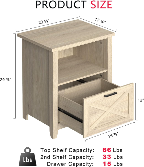 30" Tall Nightstand for King & Queen Bed with Storage Drawer & Open Cubby - Beige Bedside Table Night Stand for Bedroom, Wood End Table Living Room, Warm Oak, Set of 2