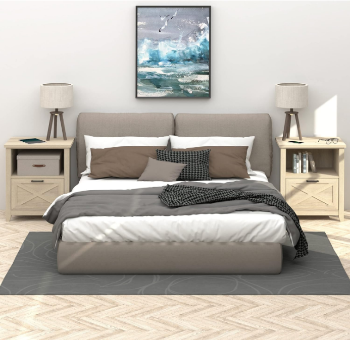 30" Tall Nightstand for King & Queen Bed with Storage Drawer & Open Cubby - Beige Bedside Table Night Stand for Bedroom, Wood End Table Living Room, Warm Oak, Set of 2