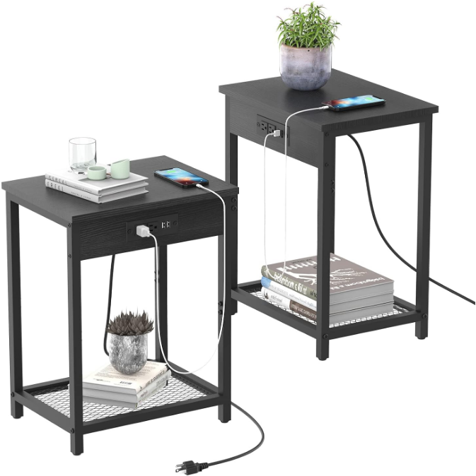 Black Night Stand Set of 2 Bedside Table with Charging Station Small End Table with USB Ports and Power Outlets for Bedroom Living Room