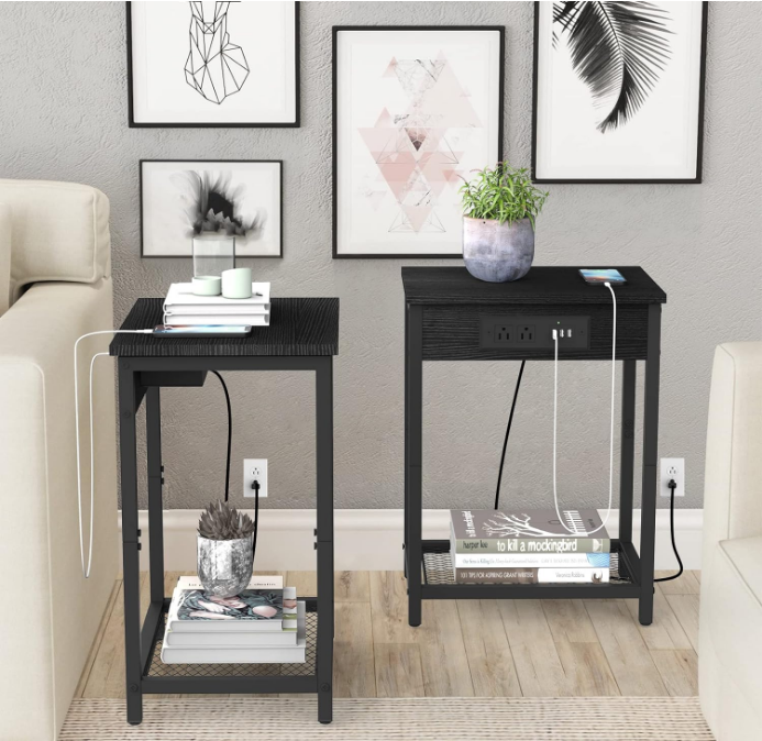 Black Night Stand Set of 2 Bedside Table with Charging Station Small End Table with USB Ports and Power Outlets for Bedroom Living Room