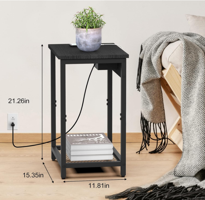 Black Night Stand Set of 2 Bedside Table with Charging Station Small End Table with USB Ports and Power Outlets for Bedroom Living Room