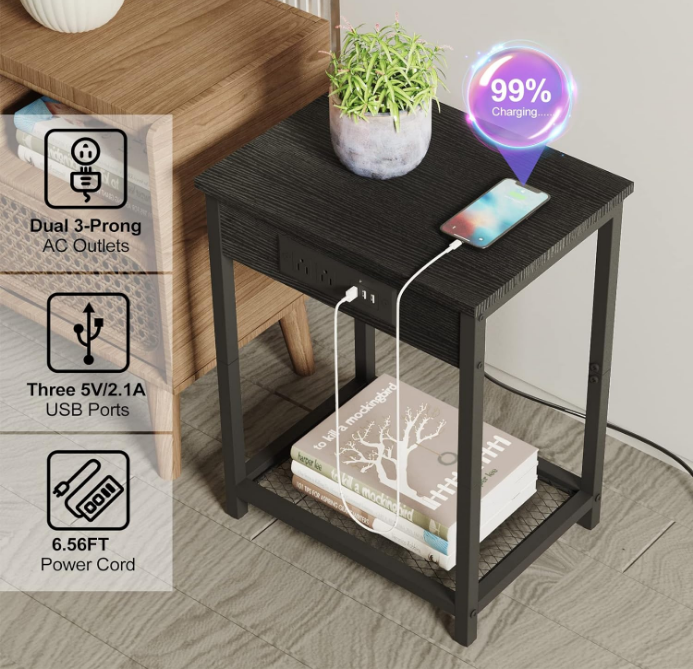 Black Night Stand Set of 2 Bedside Table with Charging Station Small End Table with USB Ports and Power Outlets for Bedroom Living Room
