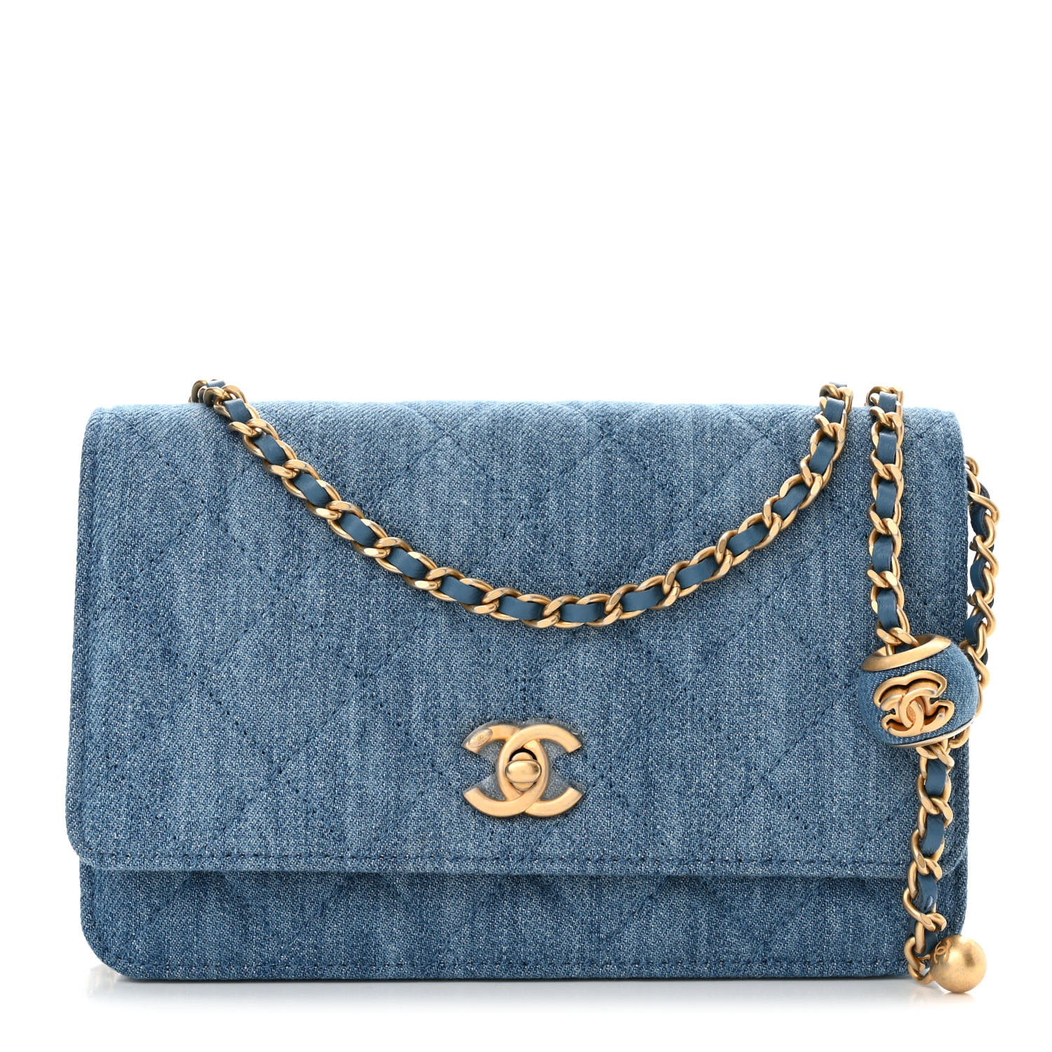 Denim Quilted CC Pearl Crush Wallet on Chain WOC Blue