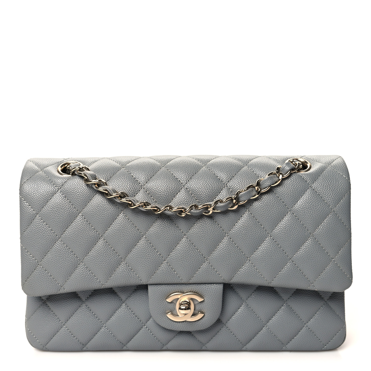 Caviar Quilted Medium Double Flap Grey