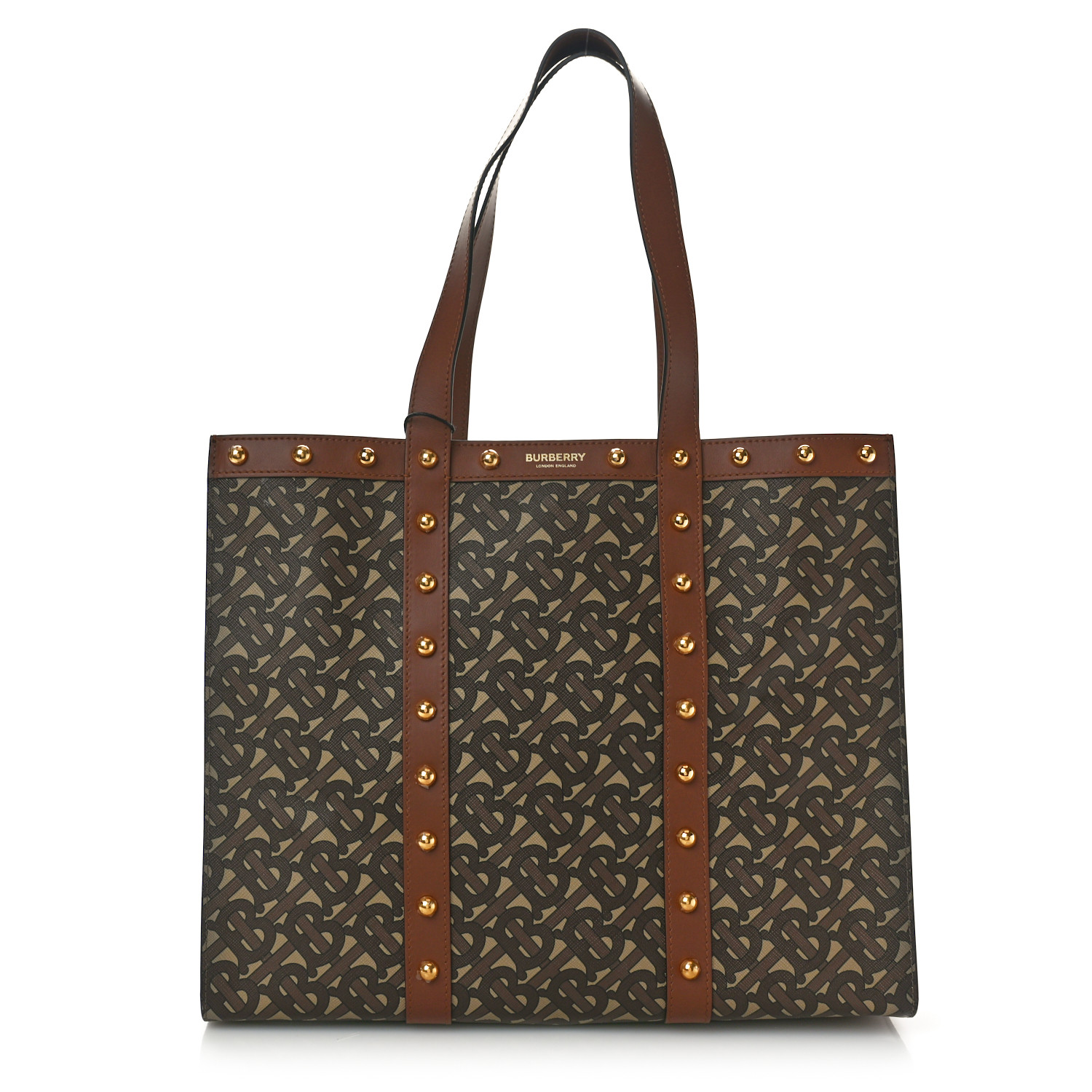 E-Canvas Monogram Studded Small Book Tote Tan Tan