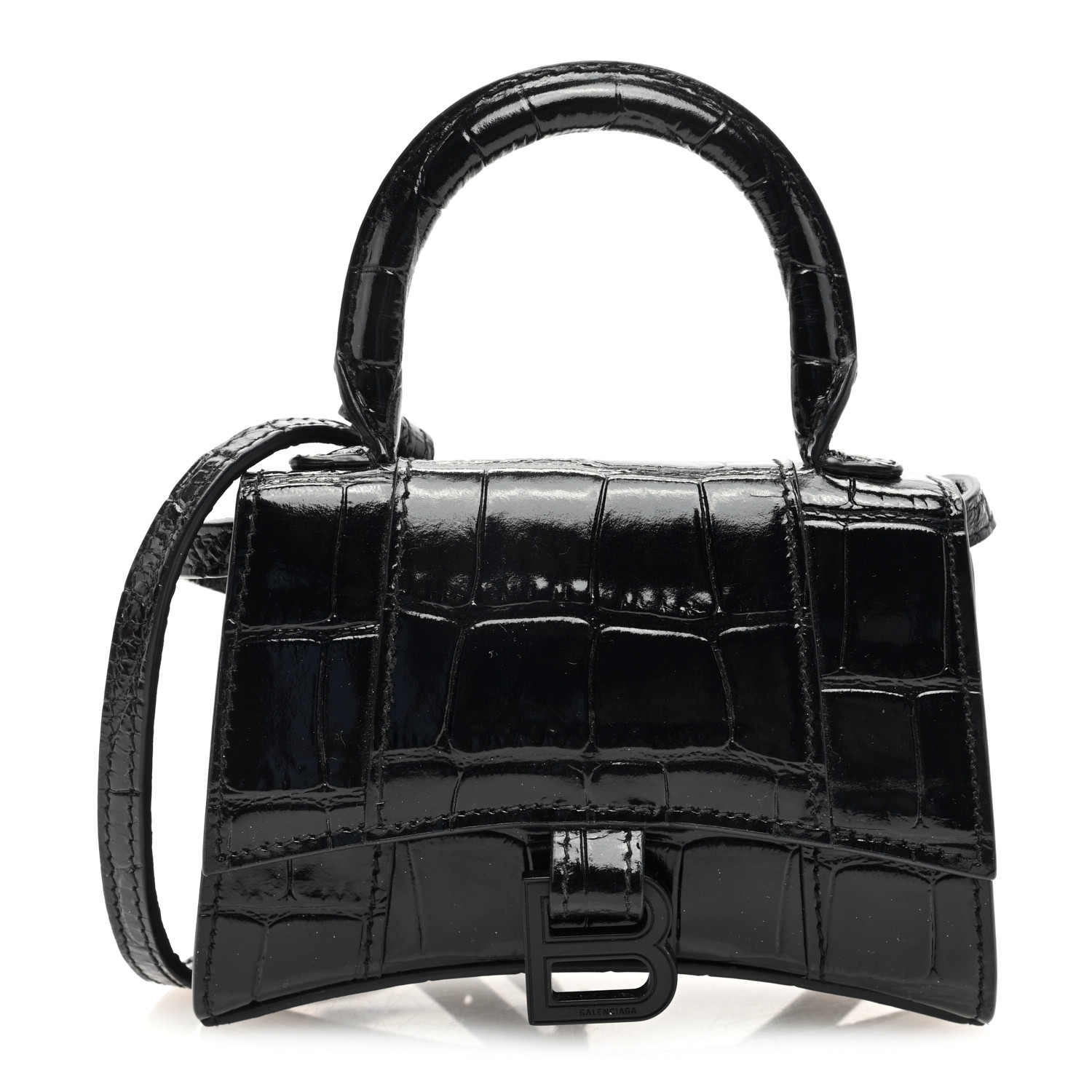 Shiny Calfskin Monochrome Crocodile Embossed Hourglass Top Handle Bag Mini Black