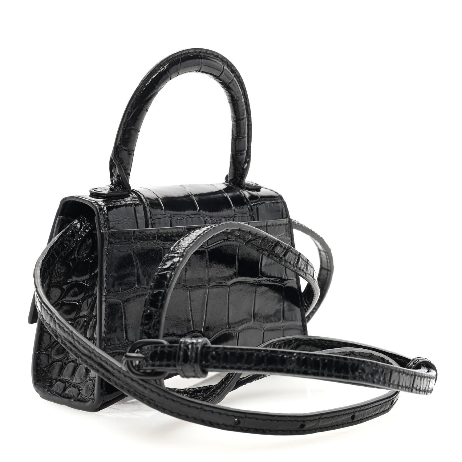 Shiny Calfskin Monochrome Crocodile Embossed Hourglass Top Handle Bag Mini Black