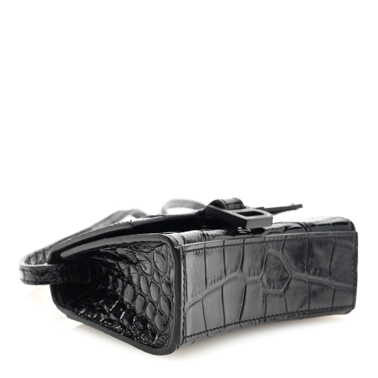 Shiny Calfskin Monochrome Crocodile Embossed Hourglass Top Handle Bag Mini Black