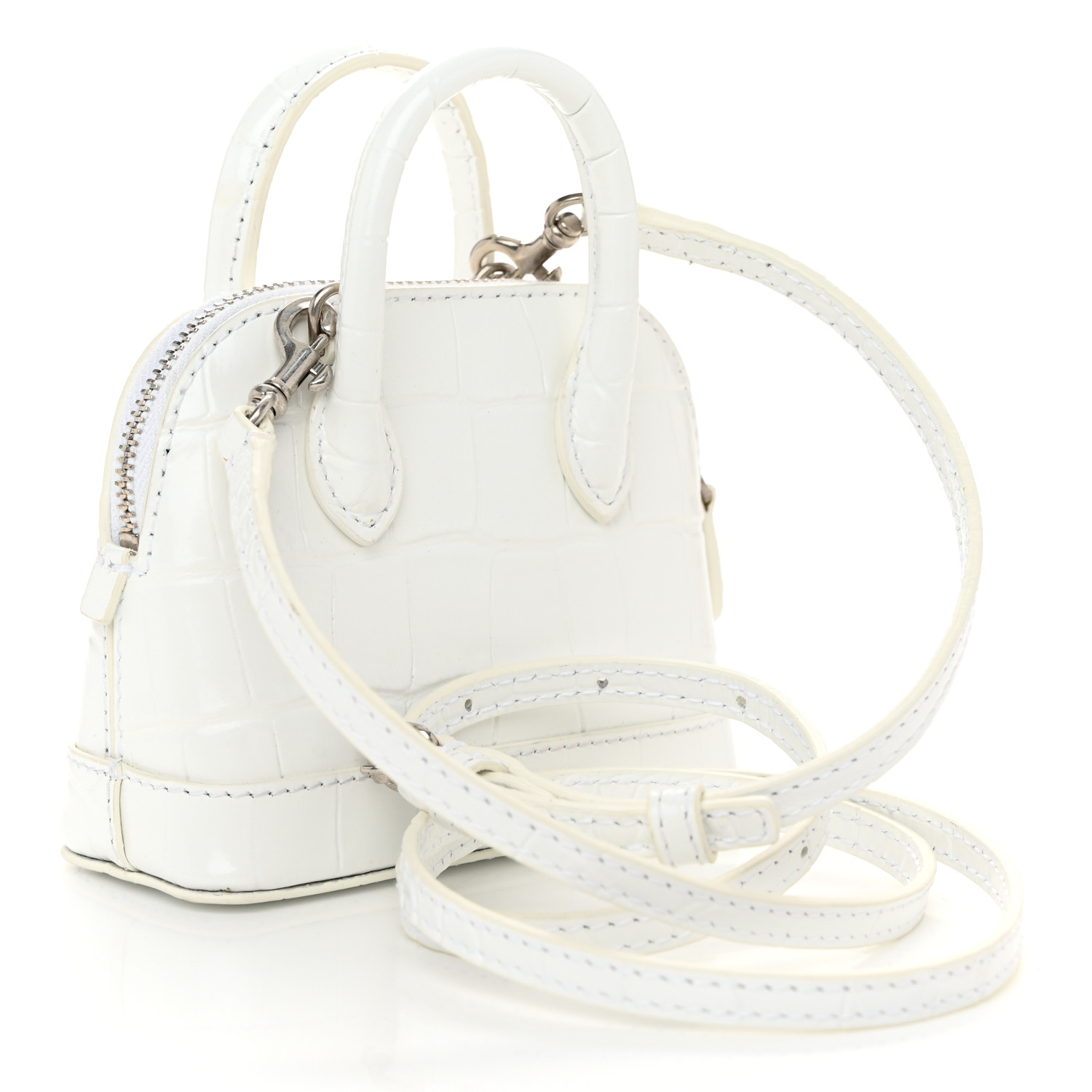 Shiny Calfskin Logo Crocodile Embossed Mini Ville Top Handle Bag White