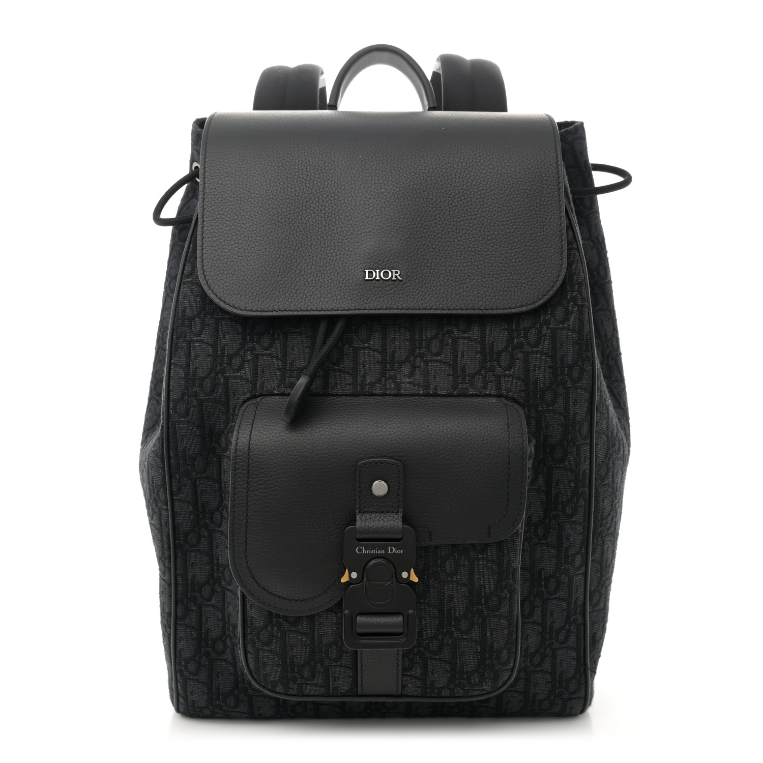 Oblique Jacquard Grained Calfskin Saddle Backpack With Flap Black