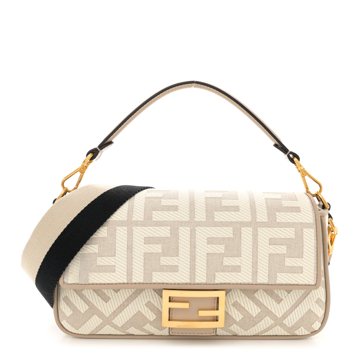 Canvas Vitello King FF Embroidered Baguette Grezzo White Nuvola