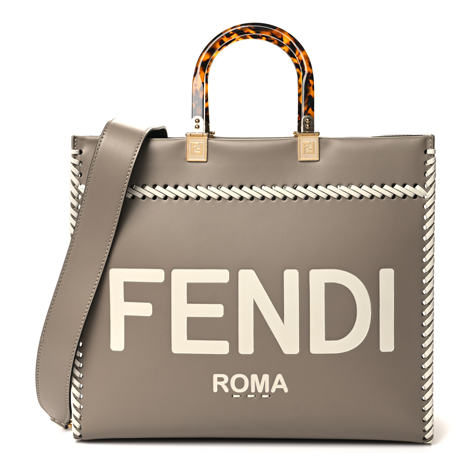 Vitello King Ceylon Plexiglass Woven Logo Debossed Fendi Sunshine Shopper Tote Tortora White Rice