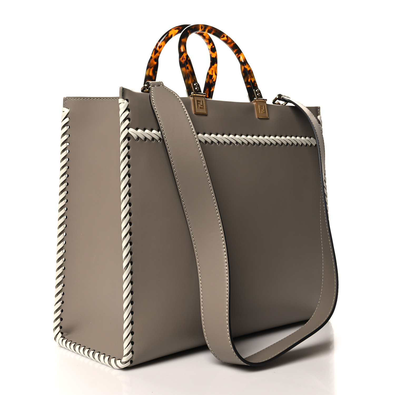 Vitello King Ceylon Plexiglass Woven Logo Debossed Fendi Sunshine Shopper Tote Tortora White Rice