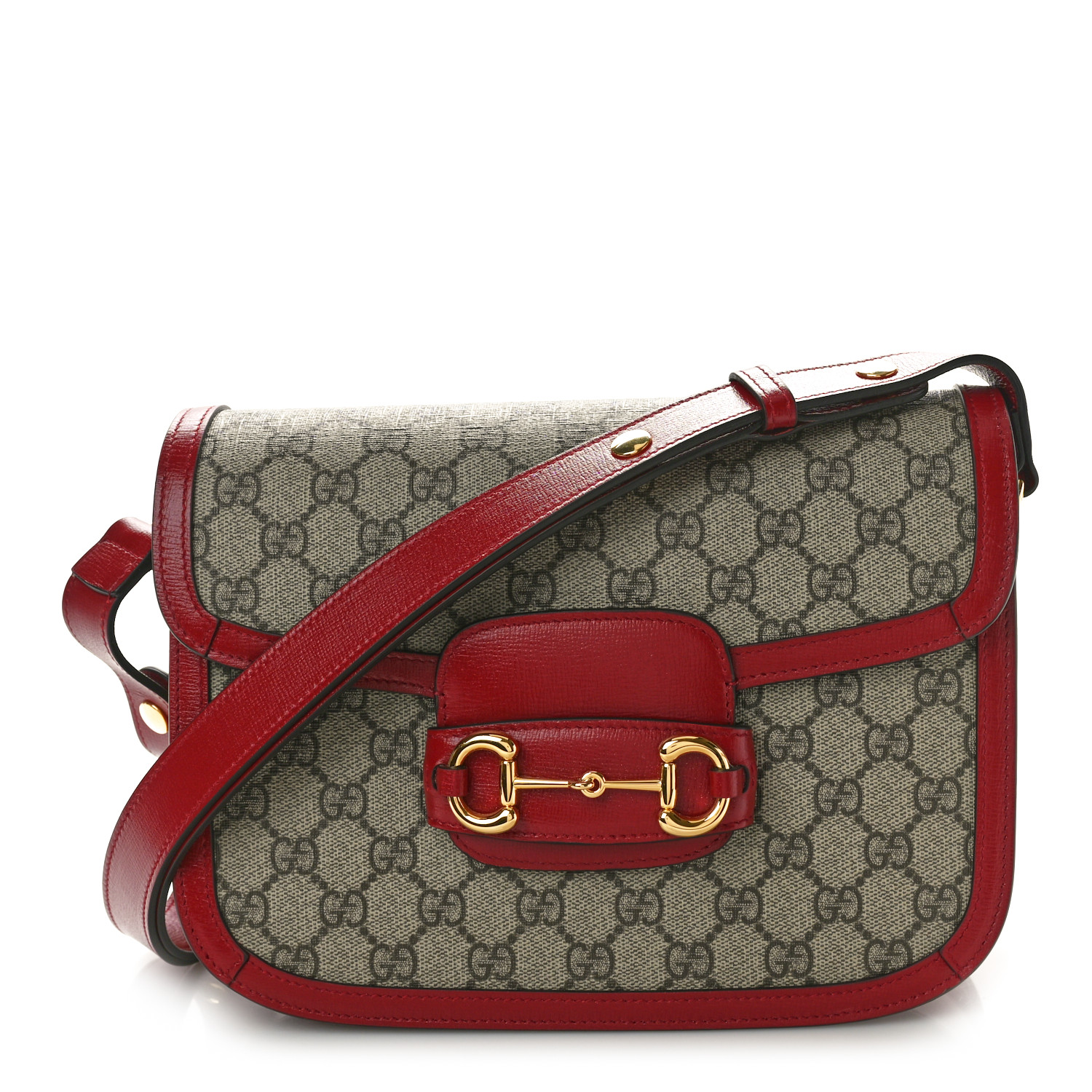 GG Supreme Monogram Azalea Calfskin Horsebit 1955 Shoulder Bag Beige Ebony New Cherry Red