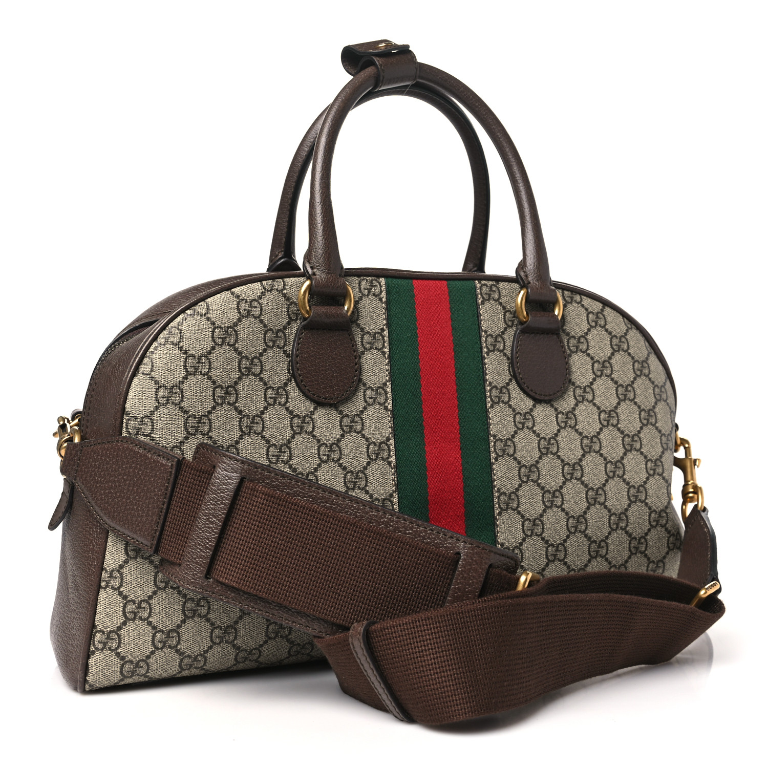 GG Supreme Monogram Textured Dollar Calfskin Web Medium Ophidia Top Handle Duffle Bag Beige Ebony New Acero