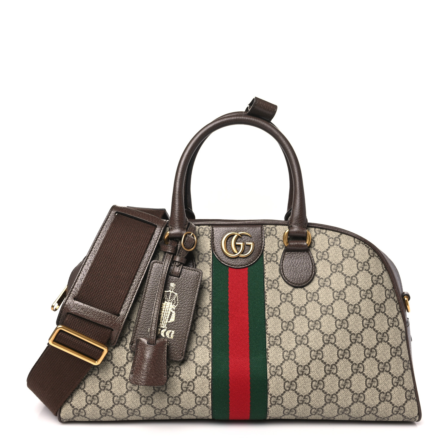 GG Supreme Monogram Textured Dollar Calfskin Web Medium Ophidia Top Handle Duffle Bag Beige Ebony New Acero