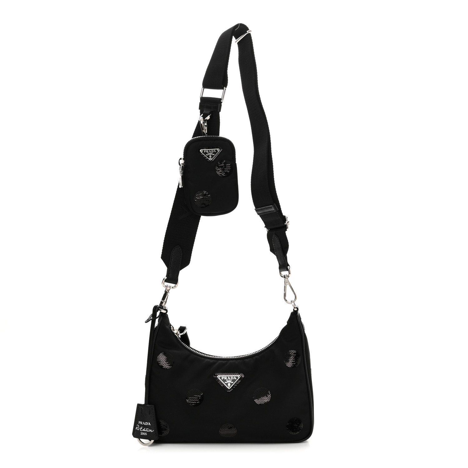 Nylon Sequin Embellished Polka Dot Re-Edition 2005 Shoulder Bag Black
