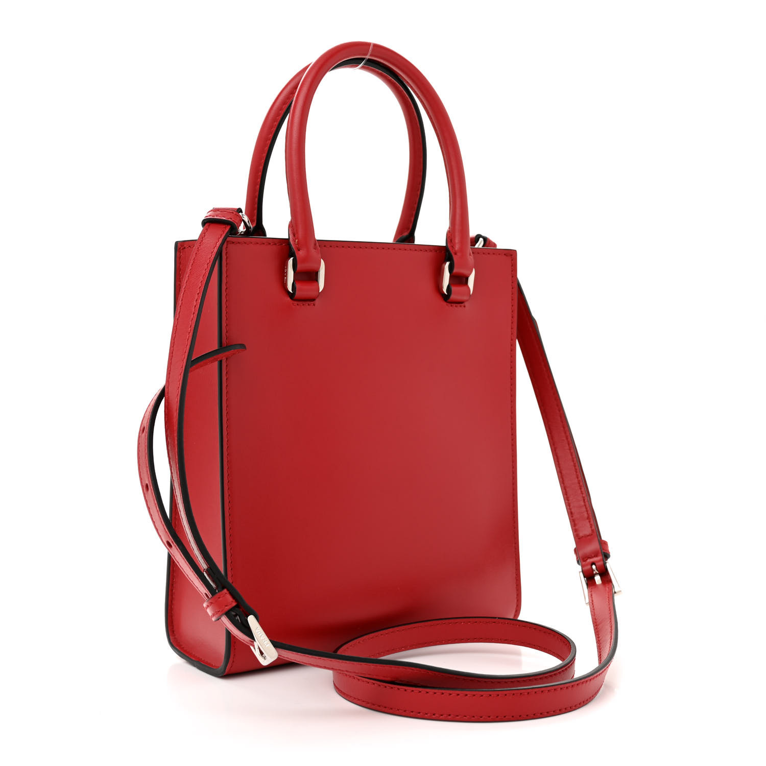 Soft Calfskin Triangle Logo Embossed Small Double Handle Crossbody Tote Rosso26