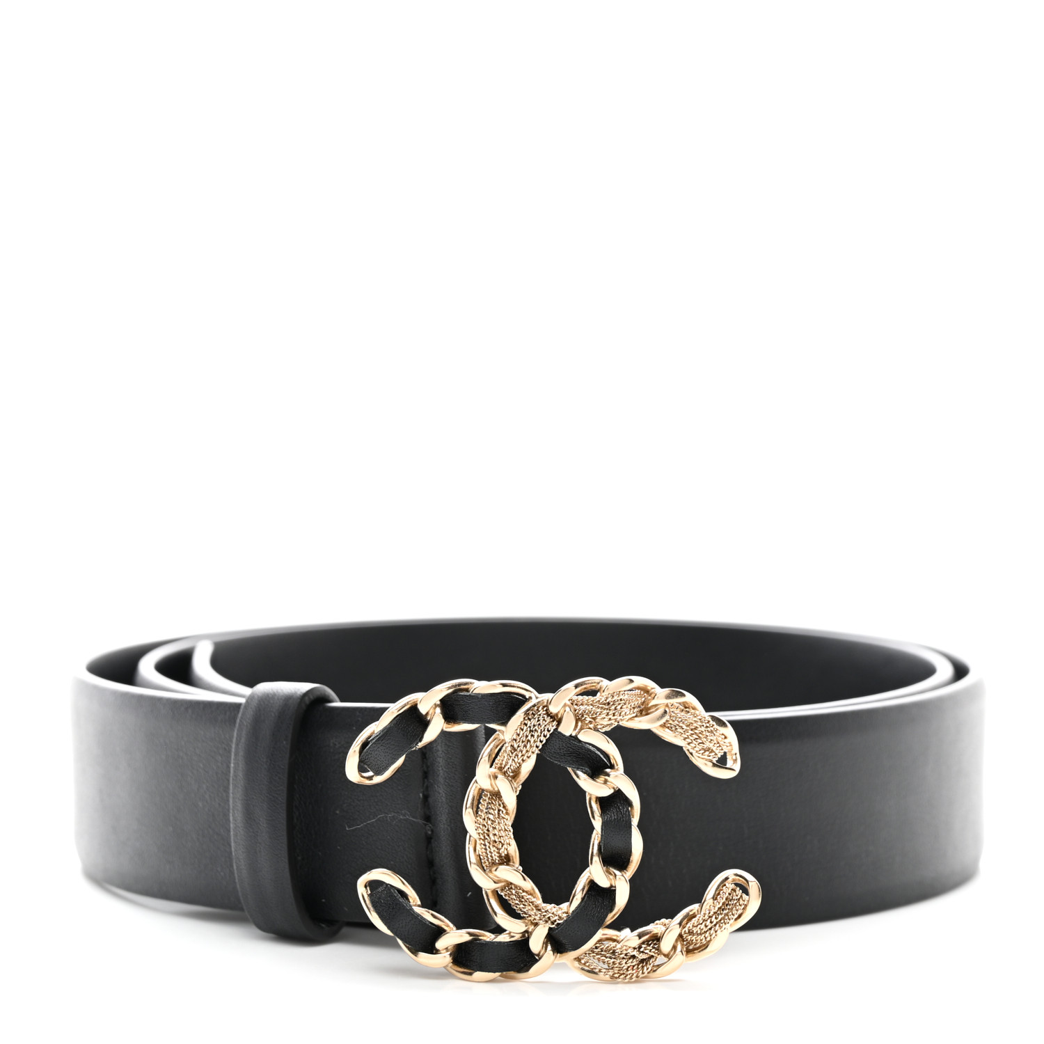 Calfskin CC Chain Belt Black Gold