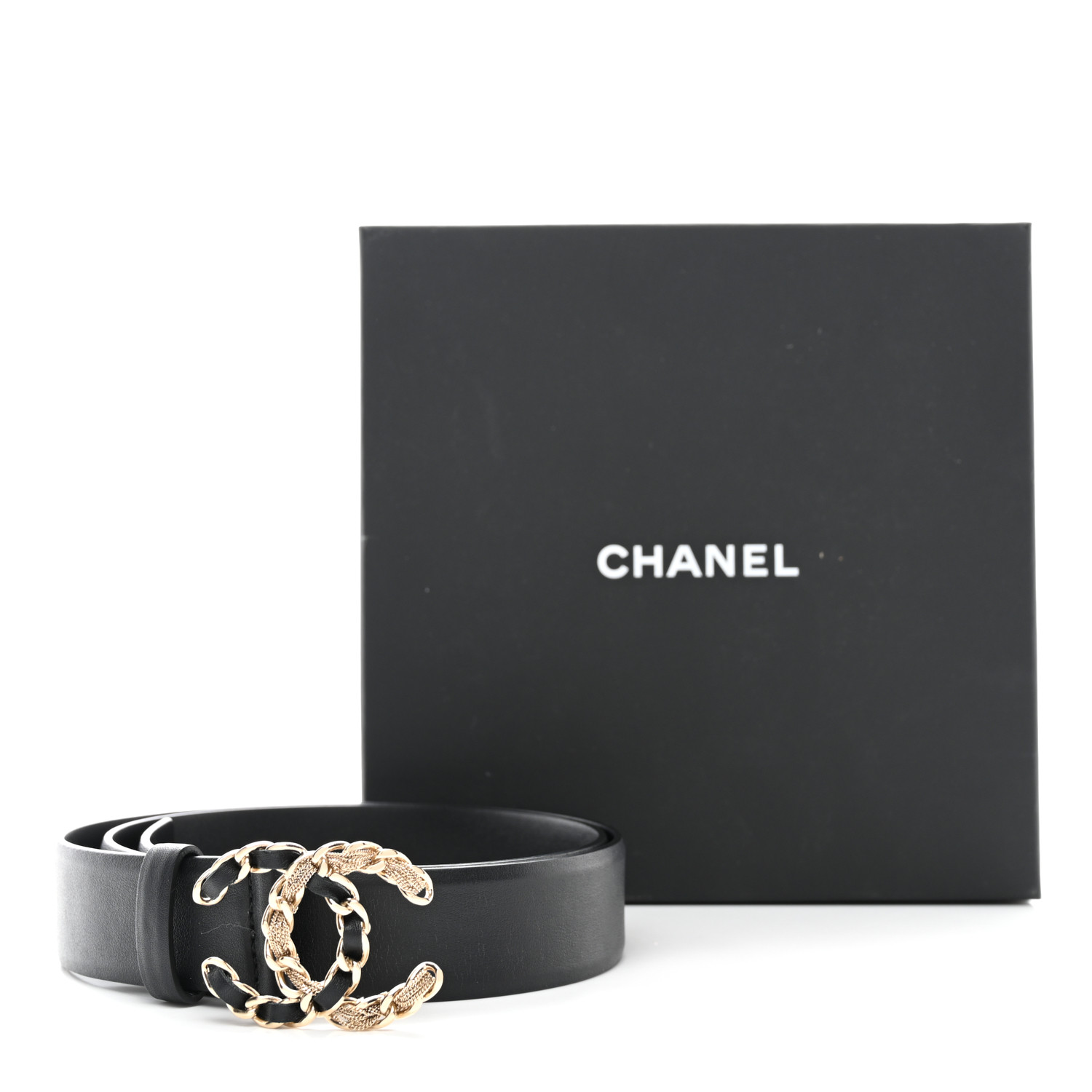 Calfskin CC Chain Belt Black Gold