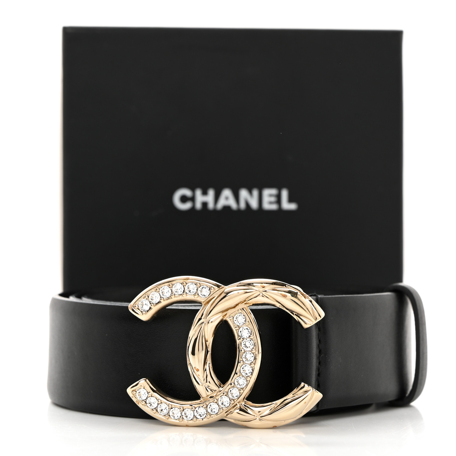 Calfskin Crystal Metal Quilted CC Belt 75 30 Black