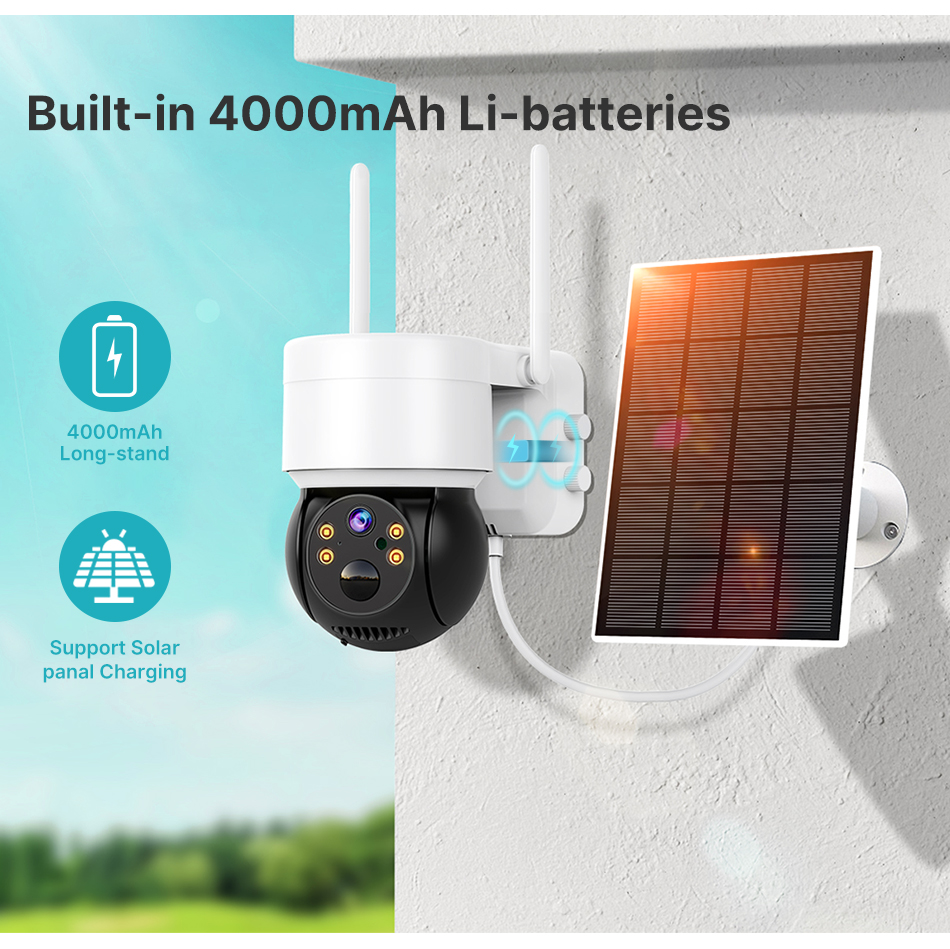 Cámara solar de vigilancia Wi-Fi exterior y interior IP66, con 2 motores