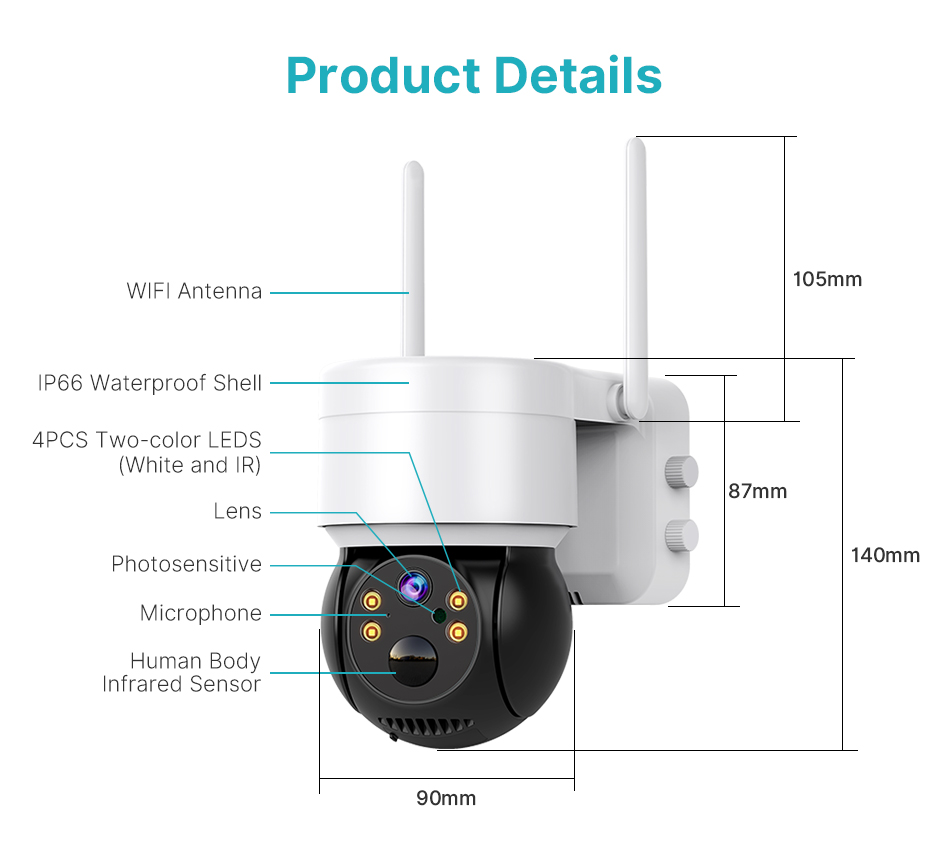 Cámara solar de vigilancia Wi-Fi exterior y interior IP66, con 2 motores
