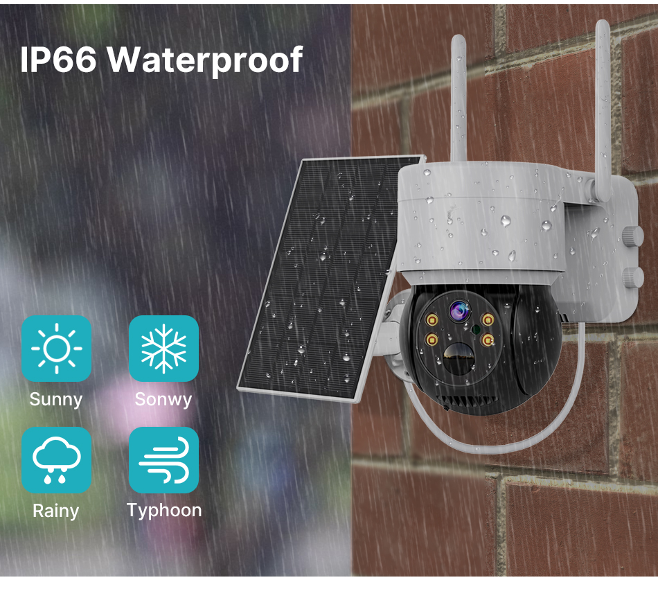 Cámara solar de vigilancia Wi-Fi exterior y interior IP66, con 2 motores