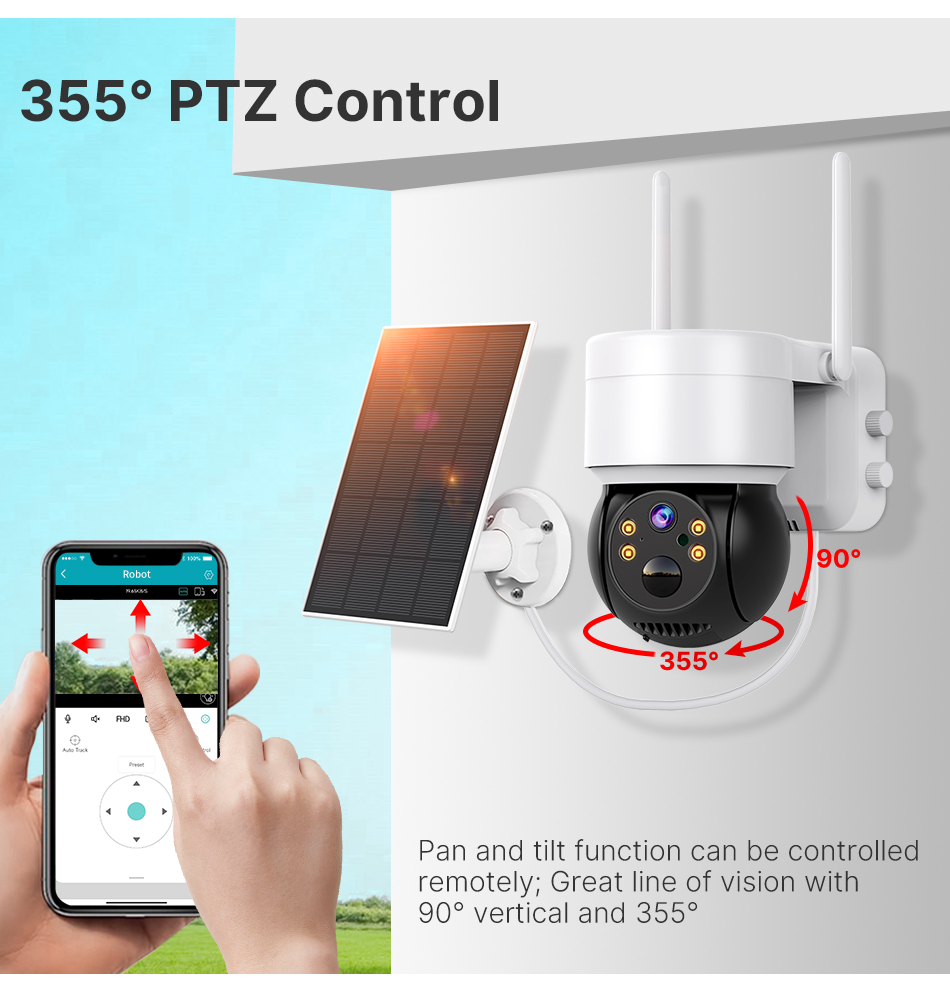 Cámara solar de vigilancia Wi-Fi exterior y interior IP66, con 2 motores