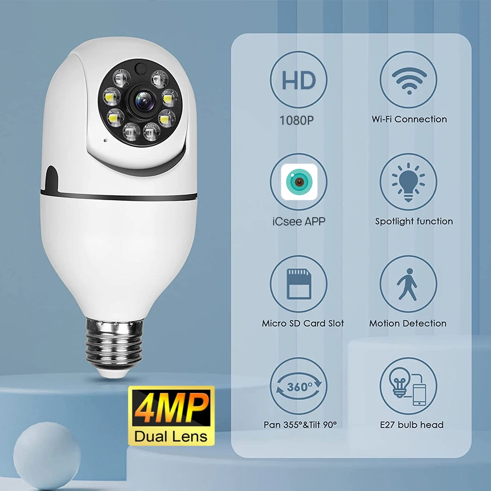 Cámara de vigilancia E 27, Wi-Fi exterior y interior, IP 66 con 2 motores