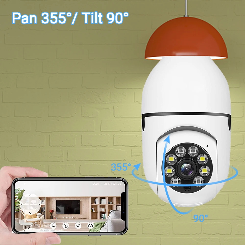 Cámara de vigilancia E 27, Wi-Fi exterior y interior, IP 66 con 2 motores
