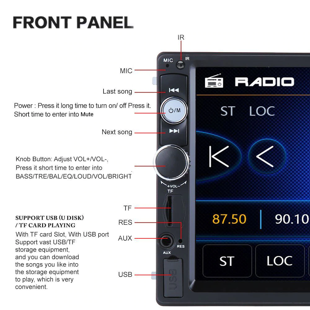 Auto radio DIN A 2 con camara trasera, FM Stereo
