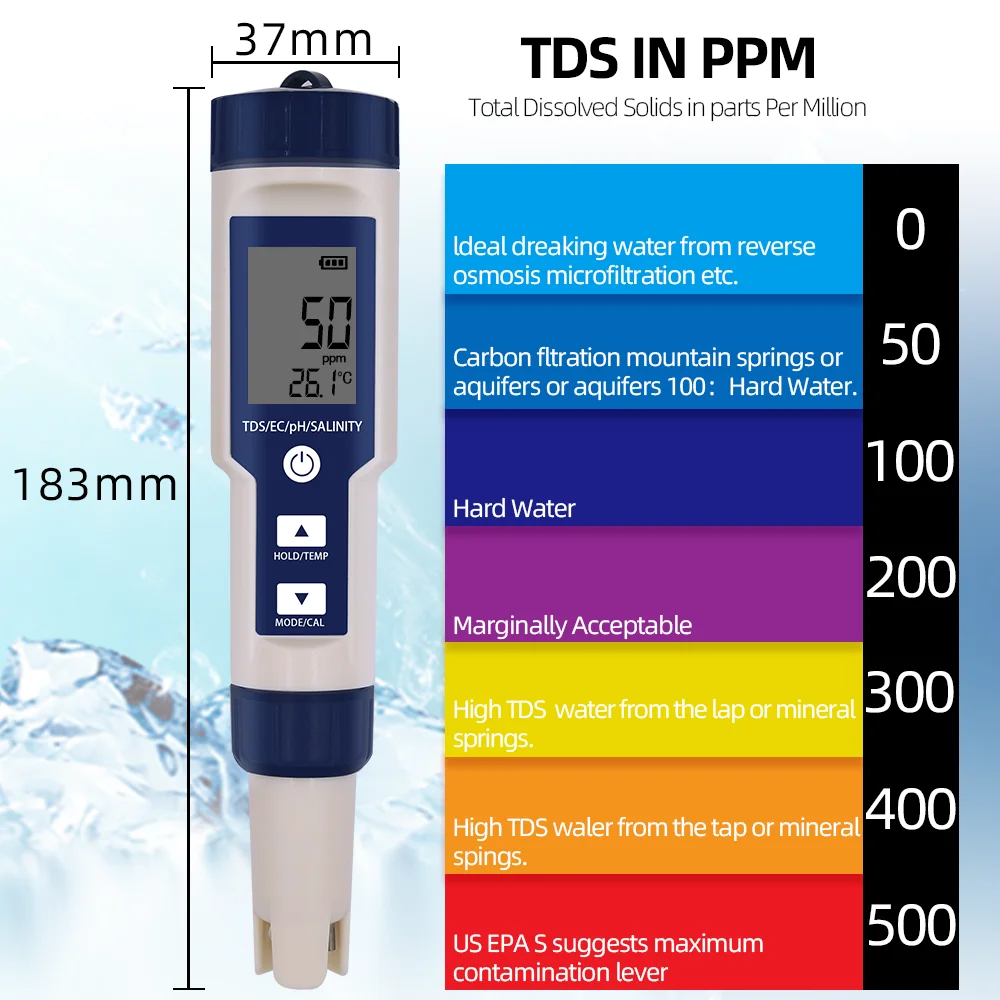 Medidor de salinidad, TDS, EC, temperatura y de PH,  5 en 1